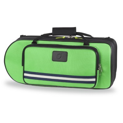 Saco de transporte verde para instrumento musical com bolsa exterior e alça acolchoada.