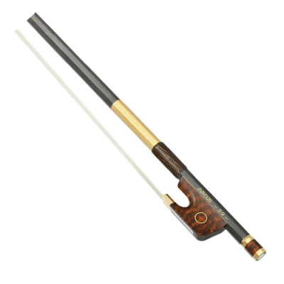 Arco para violino com madeira castanha e detalhes dourados e pretos