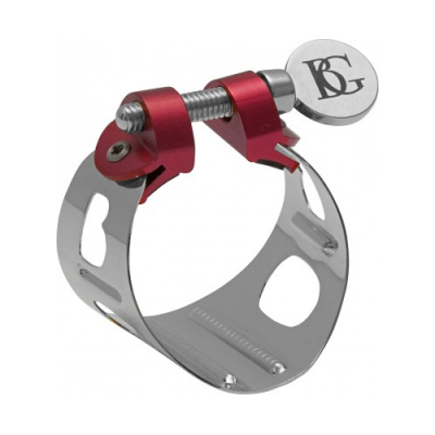 Abraçadeira metálica prateada e vermelha com parafuso e disco BG