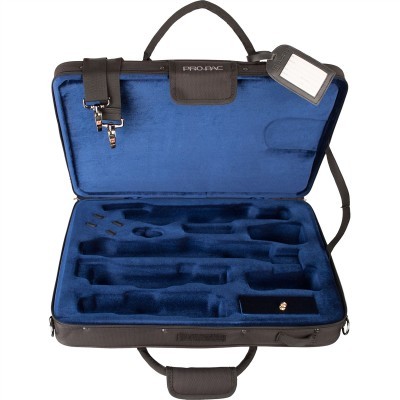 Estojo para instrumento musical com interior azul e exterior preto