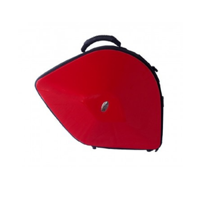 Estojo rígido vermelho com alça preta e formato triangular arredondado