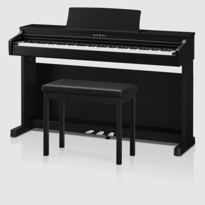 Piano digital preto KAWAI com banco acolchoado preto e três pedais