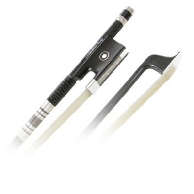 Arco de violino com detalhes pretos, brancos e prateados com inscrição CONCERTO