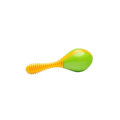 Maraca de brinquedo verde com cabo amarelo texturizado