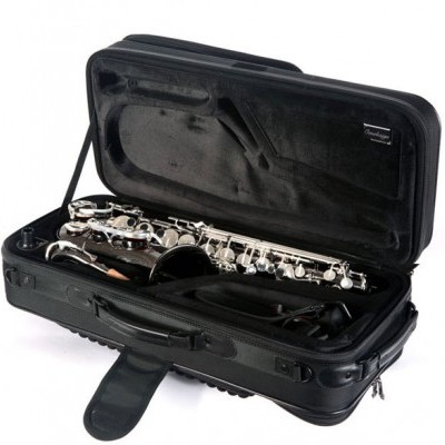 Estojo preto aberto com clarinete prateado dentro