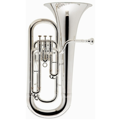 Tuba prateada de metal com três pistões e sino largo