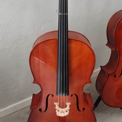 Violoncelo castanho em suporte preto com parede cinzenta e chão de madeira clara