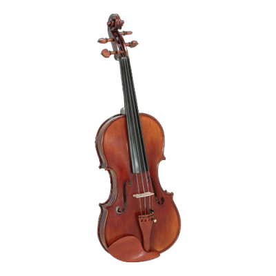 Violino castanho de madeira com cordas e cravelhas em fundo branco