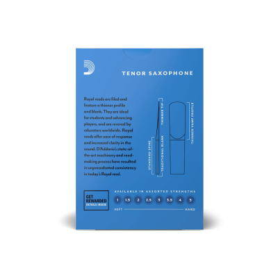 Embalagem azul para palhetas de saxofone tenor com texto branco e tabela de durezas.