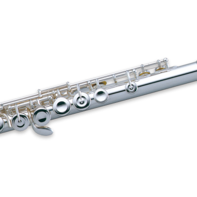 Flauta transversal metálica prateada com chaves circulares