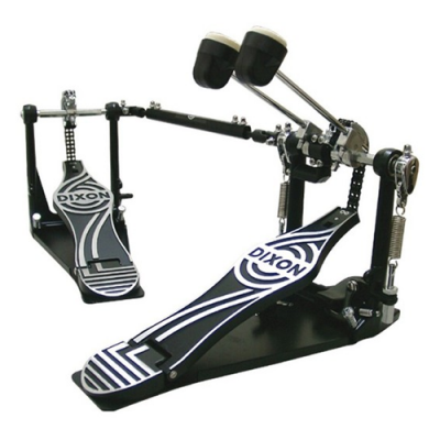 Pedal duplo para bateria DIXON preto com superfícies pretas e brancas e batentes de borracha