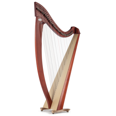 Harpa clássica em madeira castanha com cordas visíveis