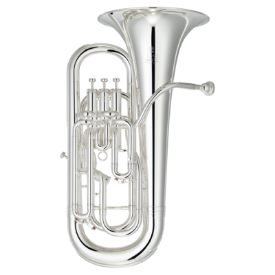 Instrumento musical eufónio prateado sobre fundo branco