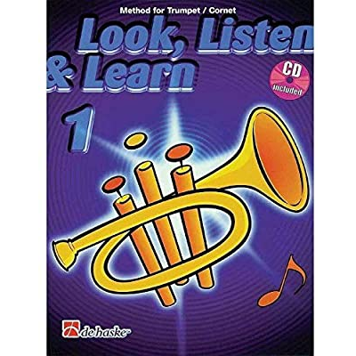Capa de livro 'Look, Listen & Learn 1' com trompete amarelo e fundo roxo