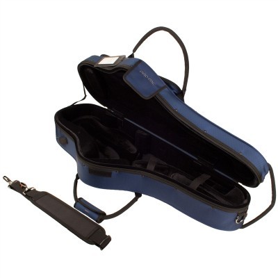 Estojo azul para instrumento musical aberto com alça destacada