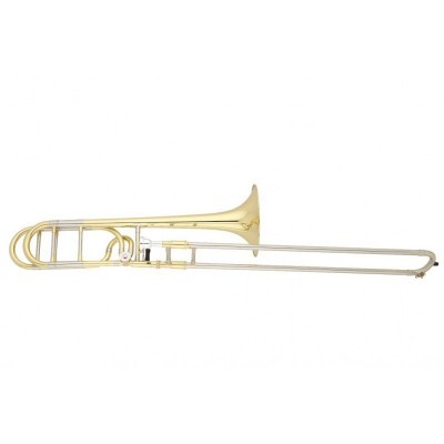 Trombão dourado metálico contra fundo branco