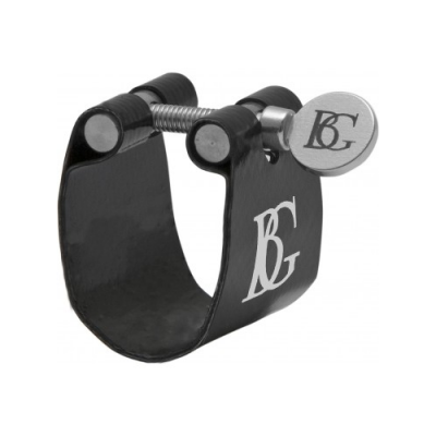 Abraçadeira preta para instrumento musical com logotipo BG e parafuso prateado