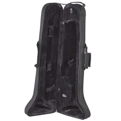 Estojo preto para instrumento musical aberto com interior aveludado preto