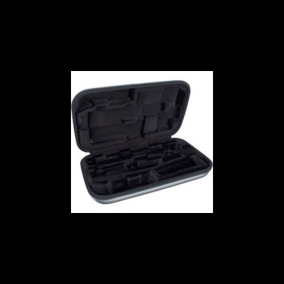 Estojo rígido preto com interior almofadado e compartimentos