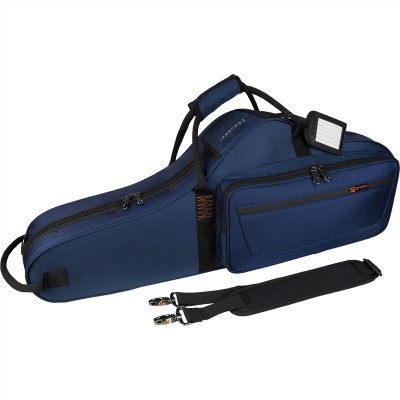 Estojo azul para instrumento musical com várias divisórias e alça ajustável destacada