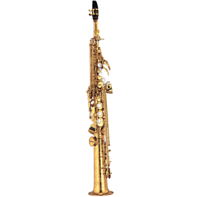 Saxofone soprano dourado com teclas prateadas em fundo branco