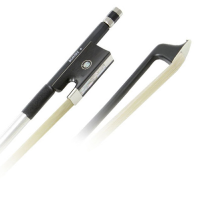 Arco para violino com madeira clara e detalhes pretos e metálicos