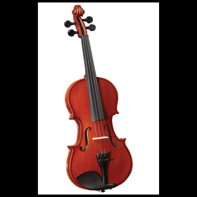 Violino de madeira castanho avermelhado com quatro cordas e queixeira preta