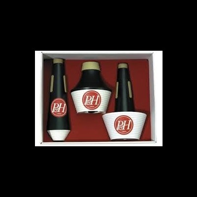 Conjunto de três recipientes pretos com rótulo PH em caixa vermelha