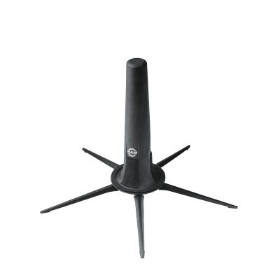 Suporte preto para instrumentos musicais com base de cinco pernas e topo cilíndrico em veludo.