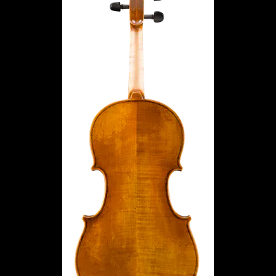 Violino castanho visto de trás em fundo branco