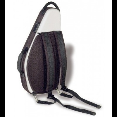 Estojo rígido triangular branco e preto com alças acolchoadas pretas.