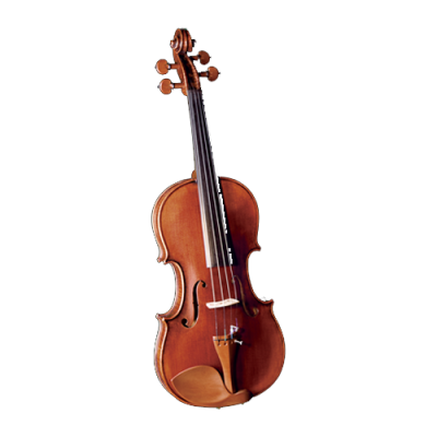 Violino de madeira castanho com quatro cordas e cravelhas
