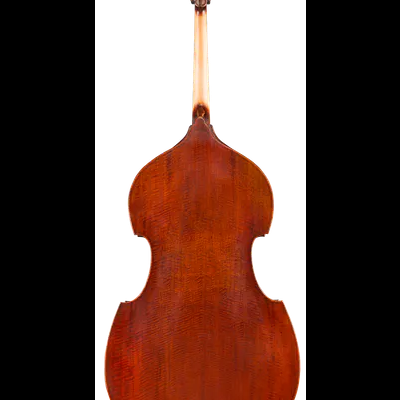 Contrabaixo acústico visto de trás, madeira castanho-avermelhada com acabamento verniz
