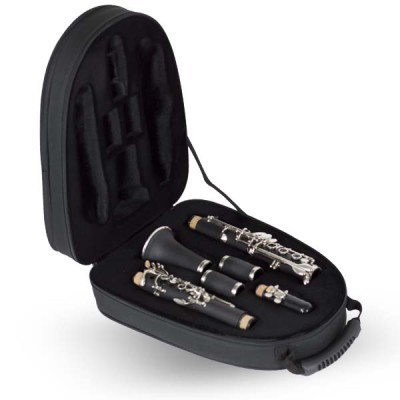 Estojo preto aberto com clarinete desmontada em veludo preto