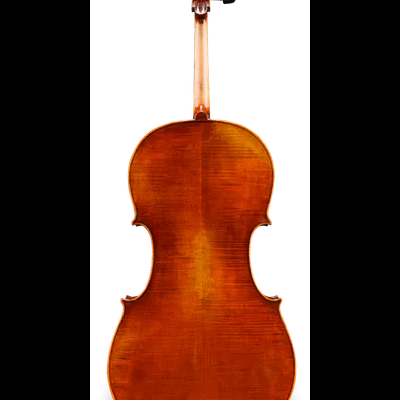 Violoncelo em madeira castanha visto de costas