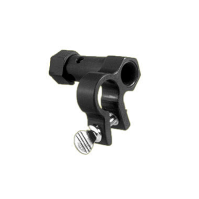 Suporte preto metálico com parafuso prateado para fixação.