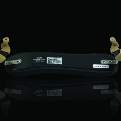 Espaçador para violino preto com almofadas amarelas e etiquetas visíveis