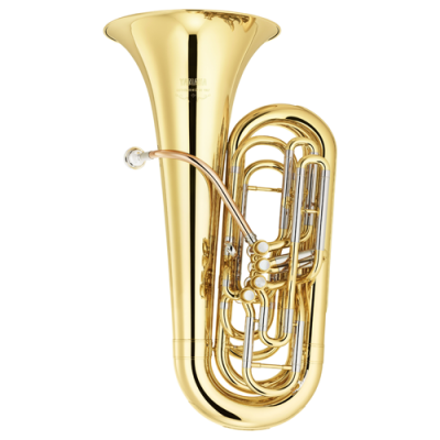 Tuba musical dourada com texto YAMAHA no sino, fundo branco