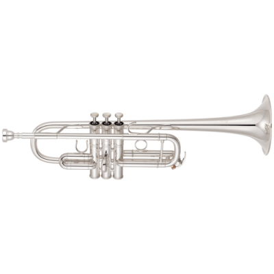 Trompete prateado com três pistões pretos