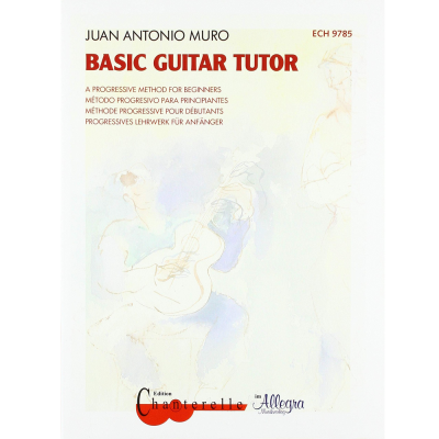 Capa do livro Basic Guitar Tutor de Juan Antonio Muro com texto em várias línguas e logótipos de editoras.