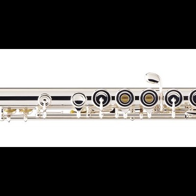 Flauta transversal metálica prateada com detalhes dourados