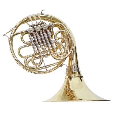 Trompa dourada com pistões prateados, vista lateral em fundo branco