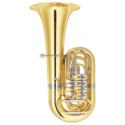 Tuba dourada de latão com válvulas prateadas