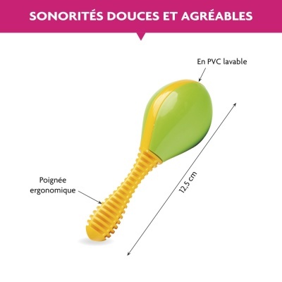 Maraca verde e amarelo com texto em francês e fundo branco