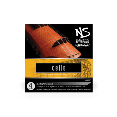 Pacote de cordas elétricas para violoncelo NS D'Addario com imagem do instrumento e texto explicativo