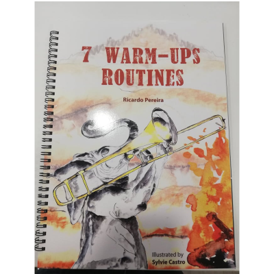 Livro 7 WARM-UPS ROUTINES com ilustração de mão a segurar trombone