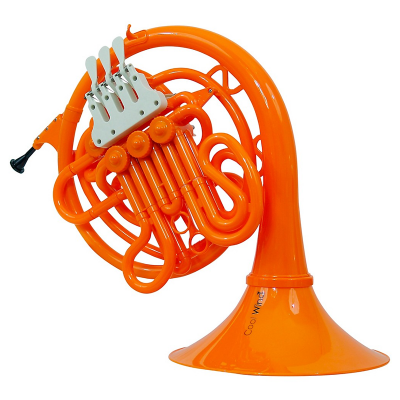 trompa laranja brilhante com válvulas e texto COOL WINDS