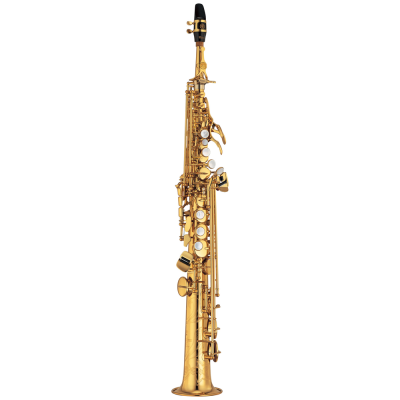 Saxofone soprano dourado com bocal preto sobre fundo branco