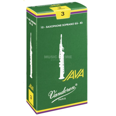Embalagem verde de palhetas para saxofone soprano com textos Vandoren e Java