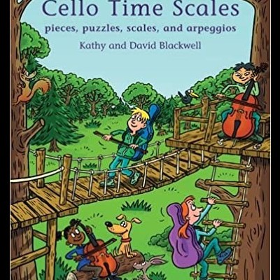 Capa de livro 'Cello Time Scales' com ilustração de crianças a tocar violoncelo numa floresta